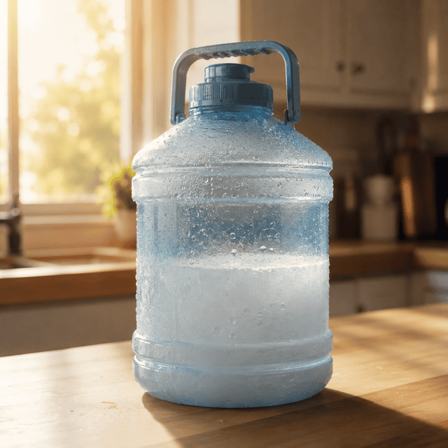 A half-frozen gallon water jug with condensation droplets, sitting on a kitchen counter in warm morning light